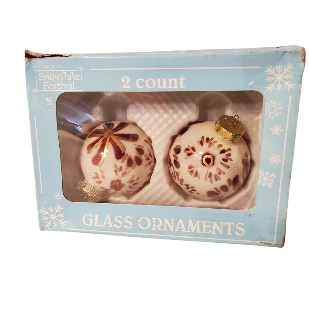 Vintage Christmas House Snowflake Festival Glass Ornaments Original Box